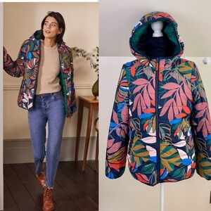Boden Brecon Reversible Puffer Jacket, Botanical/Tropical Palm Print, EUC